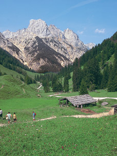 Eine kleine Gruppe wandert gemeinsam in Berchtesgaden zu einer Alm bei strahlendem Sonnenschein